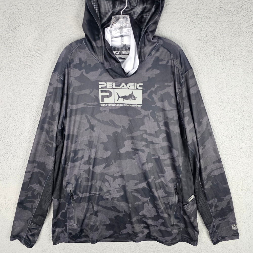 Pelagic Sun Hoodie Mens 2XL Grey Exo-Tech Camo Performance Fishing Shirt UPF 50